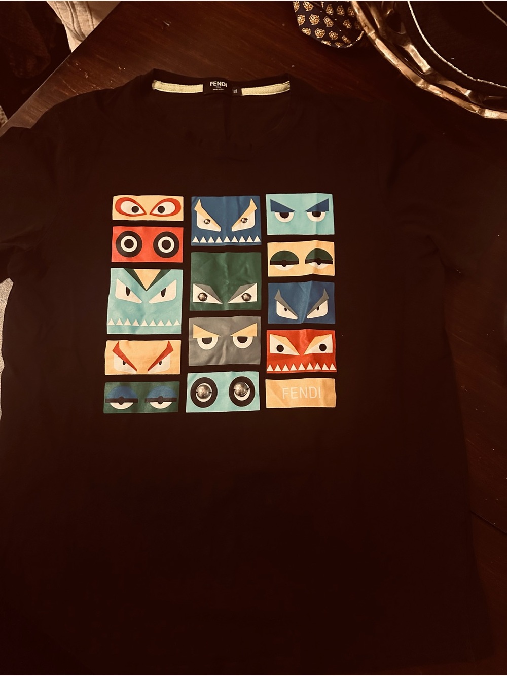 Fendi Black Tee with Multicolor Monster-Block Graphic